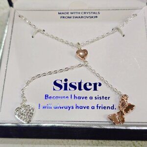 Swarovski ✦ “Sister” Heart & Butterfly Necklace ✦ 925 Silver Rose Gold 18"+2"